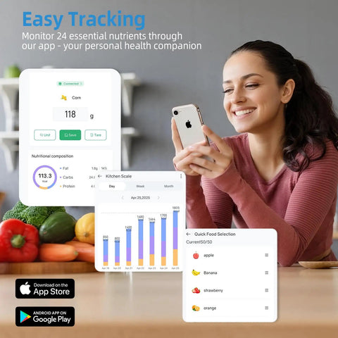 Woman using app with Smart Digital Kitchen Scale With 23 Nutrients Tracking For Weight Loss, App Sync For Auto Logging, Apple Health And Fitbit
