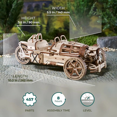 Three Wheeler UGR S DIY Wooden Model Kit With Spring Motor, Functional Steering, Chain Drive And Front Rear Suspensions, 3D Puzzle For Adults, Hands On Hobby Build To Impress Friends; wooden three-wheeler, 10.3 in x 5.5 in x 3.5 in