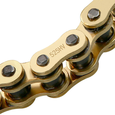 Close-up of heavy-duty gold 525 X Ring Motorcycle Chain 120 Links With Master Link 525H showing X-Ring seals and link detail.