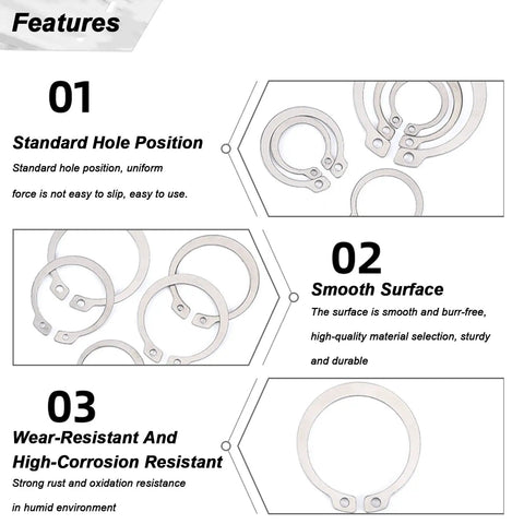 Big Ass 304 Stainless Steel External Circlips Retaining Rings showcasing standard hole position and smooth surface features.
