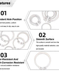 Features of External Circlips C Clip Retaining Snap Rings Set, 50 Pcs, 304 Stainless Steel, including standard holes and smooth surface.