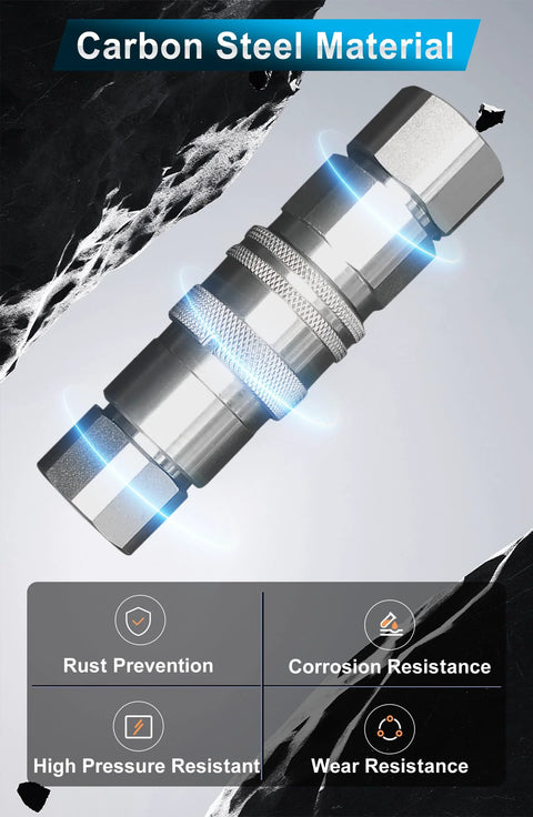Side view of 1/2 in NPT flat-face hydraulic quick-connect coupling with knurled sleeve and dust caps.