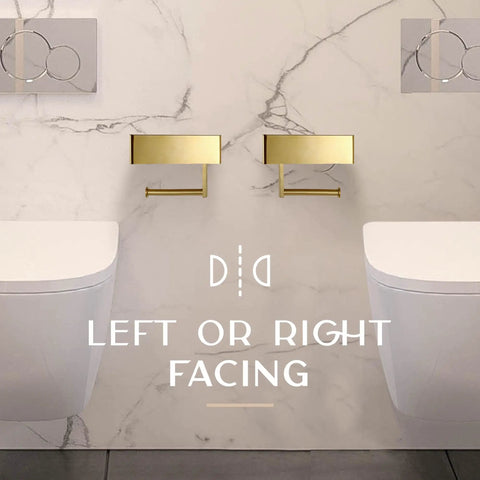 Toilet Paper Holder With Shelf Wall Mount In Gold For Modern Bathrooms, Easy Install, displayed on marble wall, left or right facing option.