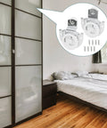Sliding Wardrobe Door Hardware Set With Four Rollers And Eight Screws For Closet Cabinets, shown in a bedroom setting