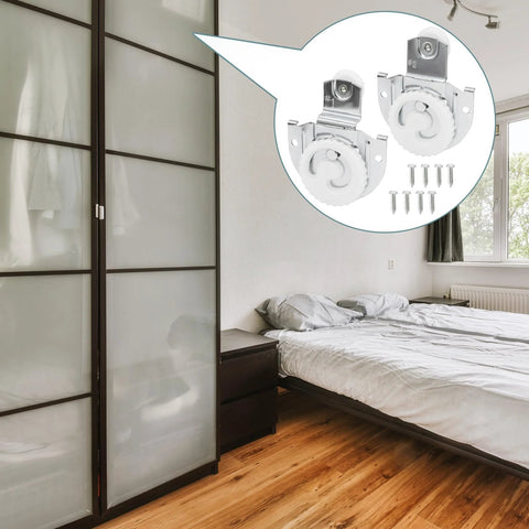 Sliding Wardrobe Door Hardware Set With Four Rollers And Eight Screws For Closet Cabinets, shown in a bedroom setting