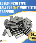 Closed Push Type Seals For Three Quarters Inch Steel Strapping, 1.77 Inch Length, pack of 50 metal clips displayed