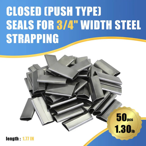 Closed Push Type Seals For Three Quarters Inch Steel Strapping, 1.77 Inch Length, pack of 50 metal clips displayed