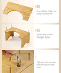 Installation guide for Bamboo Poop Stool 7 Inch Toilet Step showing pre-drilled holes, screw placement, and tightening tool use.