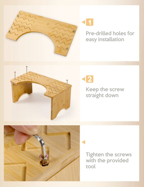 Installation guide for Bamboo Poop Stool 7 Inch Toilet Step showing pre-drilled holes, screw placement, and tightening tool use.