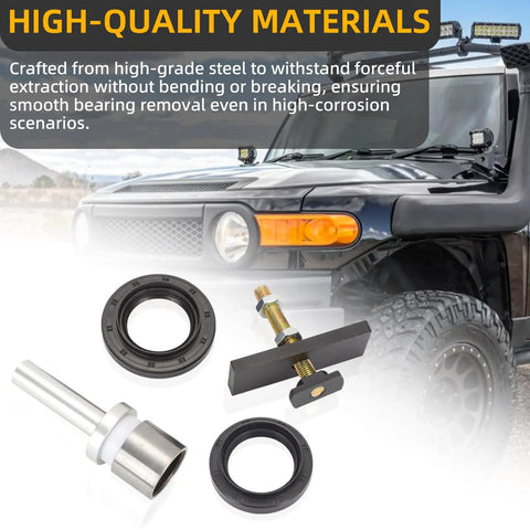 Toyota 8 Inch CV Axle Bearing Puller Seal Kit For 4Runner Tacoma FJ Cruiser shown with tools and seals in front of truck