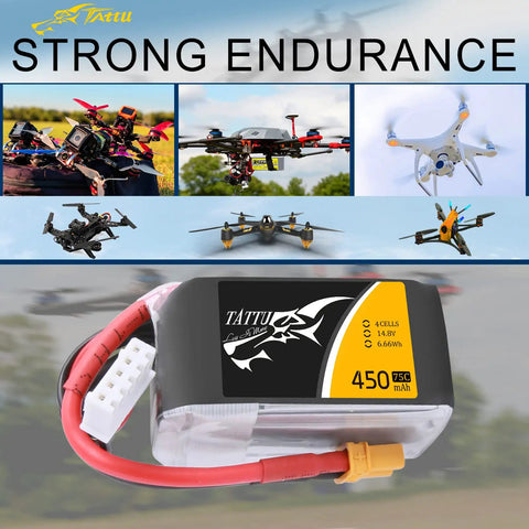 4S 450mAh 75C LiPo Battery Pack With XT30 Plug for FPV multirotor drones, front view, with quadcopters in background.