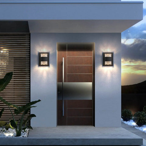 Slick Black Outdoor LED Wall Light Cylinder Sconce With Dual Up Down Lighting 120V 10W Warm Dimmable Waterproof on modern entrance