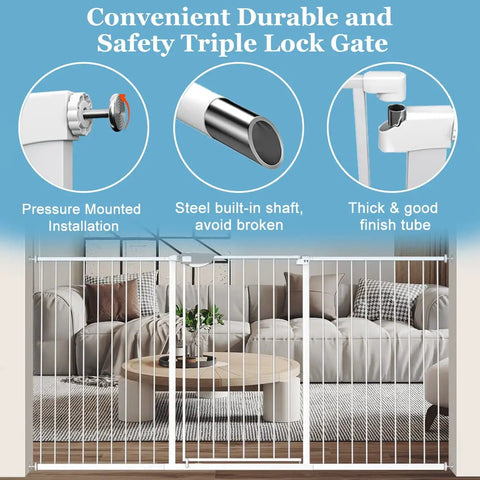 Super Tall Extra Wide Pressure Mounted Baby Gate with Triple Lock System, steel components and walk-through swing door.