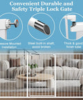 Extra Tall Baby Gate With Triple Lock System in white metal, pressure mounted installation, ideal for indoor stairs and doorways.