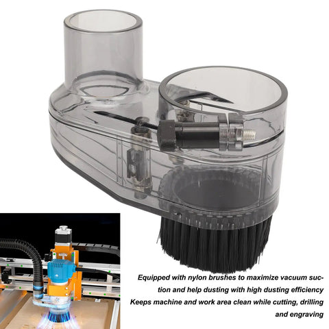 Clear ABS Dust Shoe For Router Milling And Engraving Machines, transparent with 52mm spindle fit, 38mm hose adapter, nylon brush