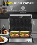 Aigostar 1200W Panini Press Sandwich Maker With Ceramic Non Stick Plates Opens 180 Degrees For Indoor Grilling showing sandwiches cooking.