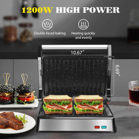Aigostar 1200W Panini Press Sandwich Maker With Ceramic Non Stick Plates Opens 180 Degrees For Indoor Grilling showing sandwiches cooking.