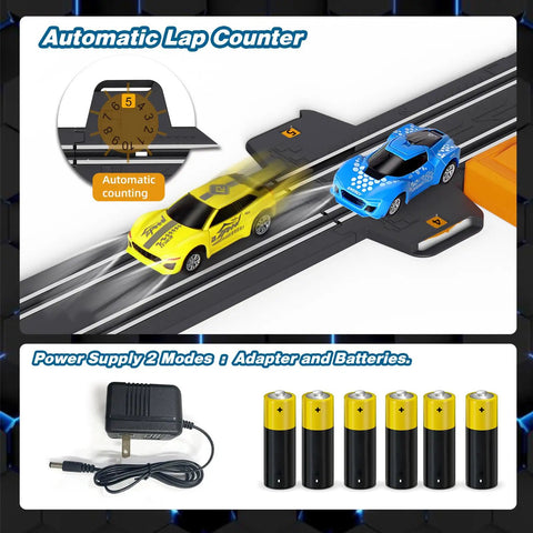 Epic Slot Car Race Track Set For Kids With Four High Speed Cars Two Hand Controllers Dual Power Modes shown with track and batteries