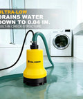 Cordless Submersible Water Transfer Pump With 17 GPM Flow Installed in a Flooded Bathroom, Compatible With Dewalt 20V Max Battery