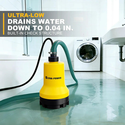 Cordless Submersible Water Transfer Pump With 17 GPM Flow Installed in a Flooded Bathroom, Compatible With Dewalt 20V Max Battery