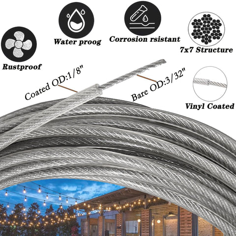 One Eighth Inch Wire Rope Kit 100 Feet With 7x7 Core Vinyl Coated Stainless Steel Cable And Turnbuckles Heavy Duty Setup