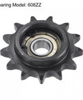 No Sweat 13 Tooth Chain Idler Sprocket With A Rock Solid 3/8 Inch Pitch And 8 Mm Bore close-up view showing 608ZZ bearing.