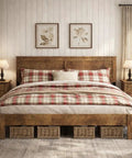 Rustic King Size Wooden Platform Bed Frame With Tall Headboard Open Horizontal Bar Design Natural Wood Grain Farmhouse Bedroom Foundation Built Different For Total Sleep Vibes in a cozy bedroom setup.