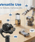 Micro DC Geared Electric Motor With Tiny Gear Reducer For Dope Low Voltage Projects At 3V 16 RPM Output Durable Gear Train Dust Resistant Coating Great For Robotics Electronics Prototyping And DIY Tinkering shown with robots and camera rig