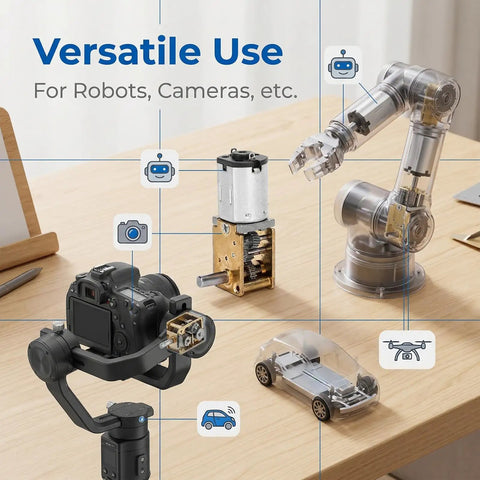 Micro DC Geared Electric Motor With Tiny Gear Reducer For Dope Low Voltage Projects At 3V 16 RPM Output Durable Gear Train Dust Resistant Coating Great For Robotics Electronics Prototyping And DIY Tinkering shown with robots and camera rig