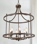 Farmhouse Drum Chandelier With Antique Rusty Brown Metal, Six Bulb Candle Style Pendant Light for dining room displayed