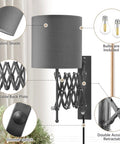 Plug In LED Wall Sconce Set Of 2 In Dark Grey with fabric shade, Edison bulb included, double accordion arm, and dimmer switch