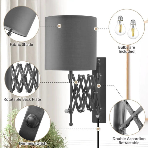 Plug In LED Wall Sconce Set Of 2 In Dark Grey with fabric shade, Edison bulb included, double accordion arm, and dimmer switch