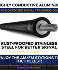 Ford F-150 6.34 Inch Antenna Mast with conductive aluminum, rust-proofed design for improved FM AM signal.