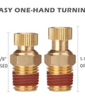 Brass twists petcocks for Five Piece Quarter Inch Compressor Air Tank Fittings Kit showing open and closed lengths.