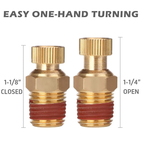 Brass twists petcocks for Five Piece Quarter Inch Compressor Air Tank Fittings Kit showing open and closed lengths.