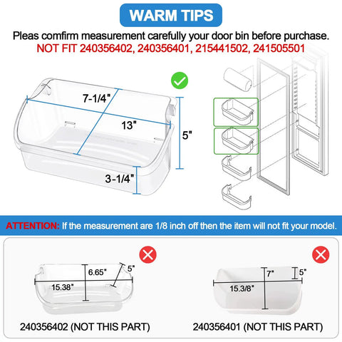 Sturdy Refrigerator Door Bin Replacement For Common Fridge Models, 13 Inch Wide By 7.25 Inch Deep By 3.25 Inch High, measurement guide
