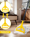 Heavy Duty 60 Inch Mop Handle Designed For Commercial And Household Floor Cleaning Via Adjustable Thumb Wheel Clamp with a yellow grip.