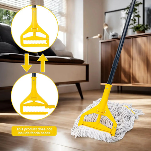 Heavy Duty 60 Inch Mop Handle Designed For Commercial And Household Floor Cleaning Via Adjustable Thumb Wheel Clamp with a yellow grip.