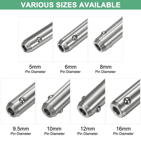 Various sizes of metal pins, including 5mm, designed for Beefed-Up Heavy Duty T-Handle Quick Release Lock Pins 3/16 Inch Diameter applications.