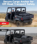 Heavy Duty UTV ATV Tie Down Anchor Kit Four Pack installed in black UTV for secure cargo transport outdoors.