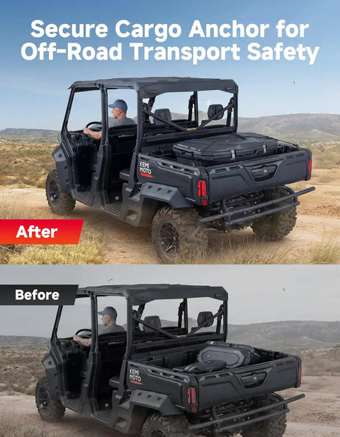 Heavy Duty UTV ATV Tie Down Anchor Kit Four Pack installed in black UTV for secure cargo transport outdoors.