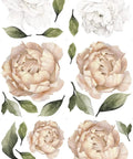 Jumbo Peony Watercolor Wall Decals Set, Large Floral Peonies With Leaves For Room Decor, Champagne And White, eco-friendly vinyl
