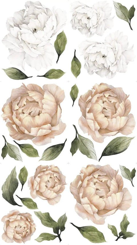 Jumbo Peony Watercolor Wall Decals Set, Large Floral Peonies With Leaves For Room Decor, Champagne And White, eco-friendly vinyl