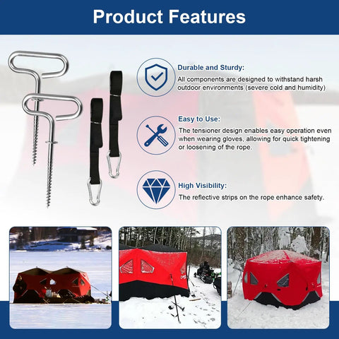 Beefy Heavy Duty Ice Fishing Shelter Tie Down Kit 24260 with features on ice anchors, straps, and shelter setup