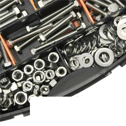 176 Piece 304 Stainless Steel Hex Nuts And Bolts Assortment Kit With SAE Coarse Thread For DIY Home Workshop And Auto Repairs Durable Heavy Duty Pro Grade Hardware Set, assorted bolts and washers in tray