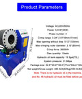 Built Tough Electric Hose Crimper Machine For High Pressure Hydraulic Lines With Forge Steel Head And Ten Precision Dies 220v 4kw, showing product parameters and dimensions.
