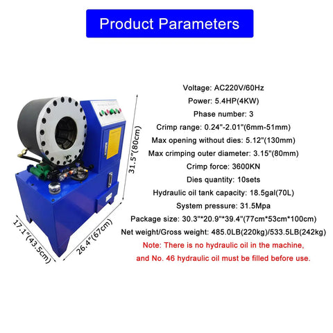 Built Tough Electric Hose Crimper Machine For High Pressure Hydraulic Lines With Forge Steel Head And Ten Precision Dies 220v 4kw, showing product parameters and dimensions.