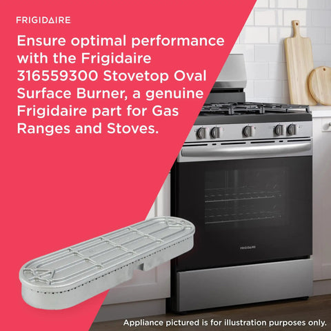 316559300 Oval Surface Burner Replacement For Gas Ranges And Stoves next to black oven in kitchen setting