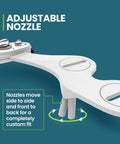 Close-up of warm and cold bidet attachment with dual nozzles and ceramic valves, showing adjustable self-cleaning nozzles for toilets.