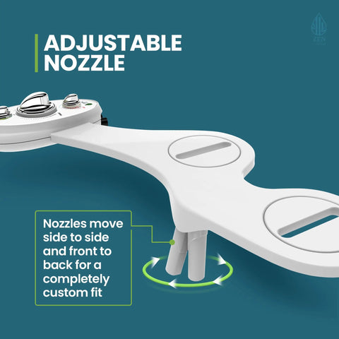 Close-up of warm and cold bidet attachment with dual nozzles and ceramic valves, showing adjustable self-cleaning nozzles for toilets.